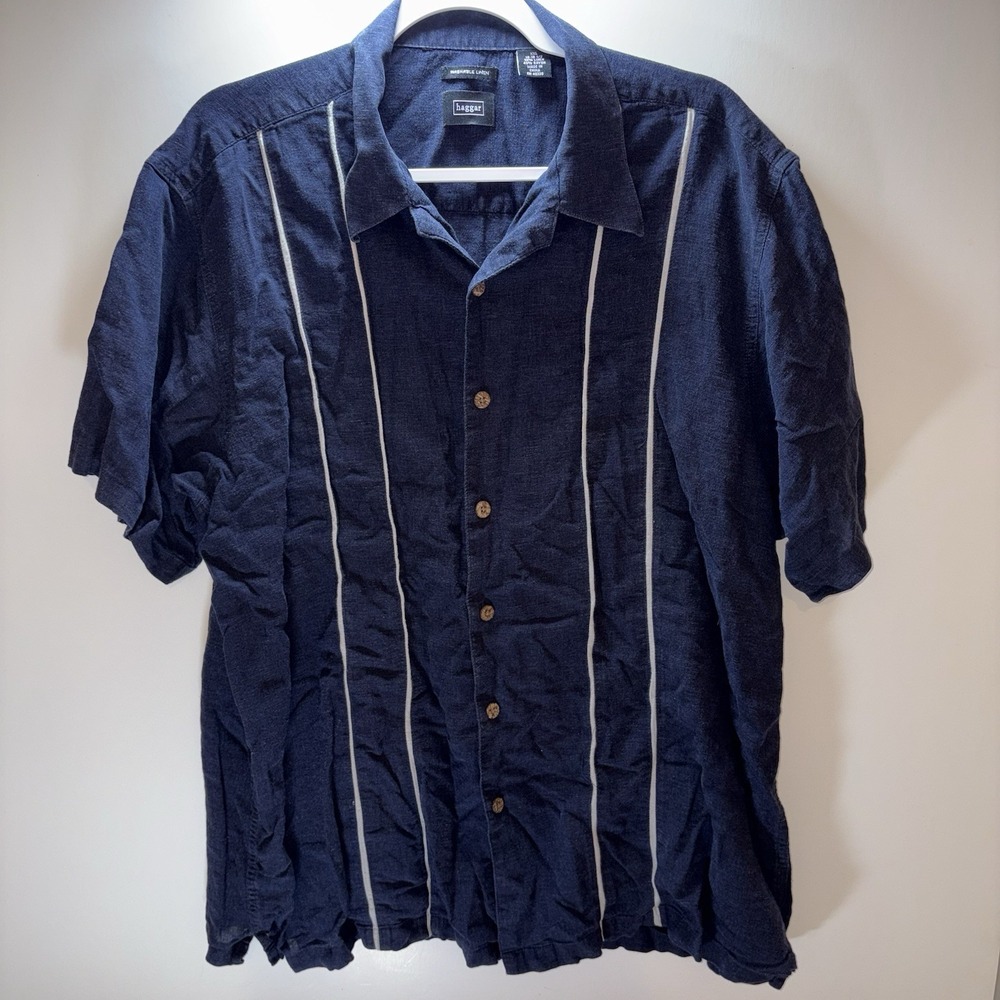Men's Haggar Havanna Style Linen Navy Shirt W/ White Piping Size 2XL Casual Camp